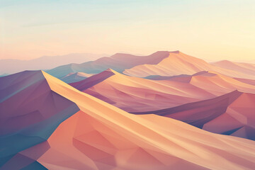 A polygonal depiction of a serene desert landscape at dusk, with the polygons creating the illusion of sand dunes in shades of warm beige