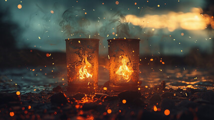 Enchanted Cups, Cosmic Design, Shared Emotions, Loved ones sharing stories around a campfire, Night, Realistic, Silhouette Lighting, HDR - obrazy, fototapety, plakaty