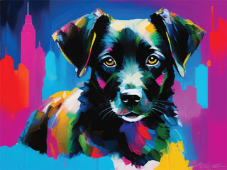 Cute Dog oil painting. portrait of a dog with eyes. Multi-color oil painting of a cute dog. Abstract dog oil painting. Cute face. Oil painting. dog by oil painting.