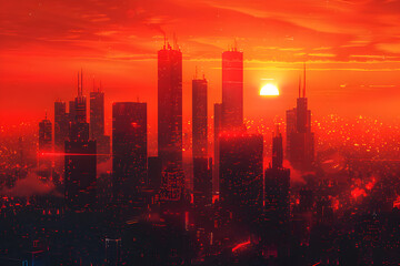 Sunset Silhouettes: An Urban Skyline Aglow with Fiery Hues