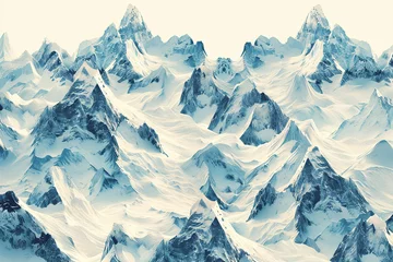 Photo sur Plexiglas Everest A repeating pattern of stylized, angular mountains in shades of cool slate and ice blue, with occasional peaks highlighted in white to mimic snowcaps, against a clear, pale sky background.