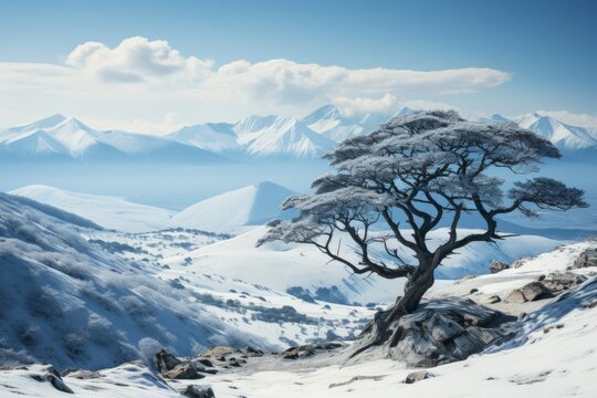 A tree on a snowy mountain peak with sky, clouds, and natural landscape
