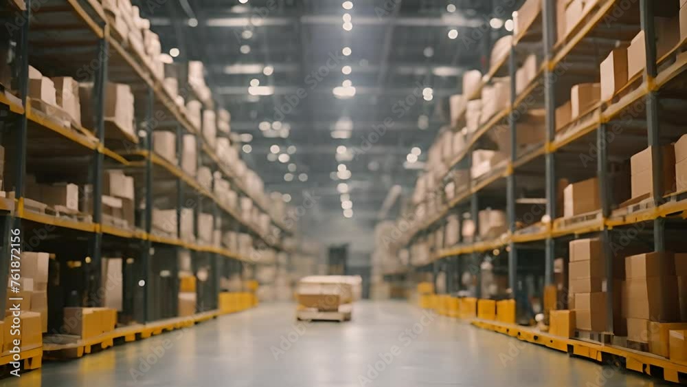 Poster automated robot busy warehouse with packed boxes generative ai