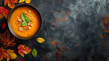 pumpkin and carrot soup (orange cream soup). Healthy food. Copy space. Diet menu. Top view - obrazy, fototapety, plakaty