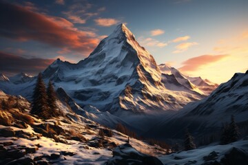 A snowy mountain with a sunset, creating a breathtaking natural landscape