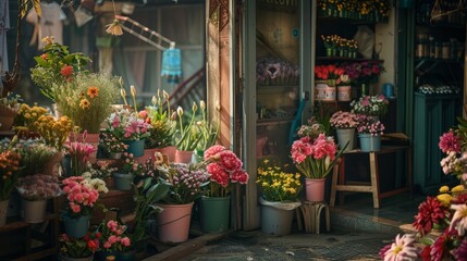 A charming springtime flower market with buckets of fresh blooms and fragrant bouquets,  - obrazy, fototapety, plakaty