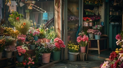 Zelfklevend Fotobehang A charming springtime flower market with buckets of fresh blooms and fragrant bouquets,  © Sladjana