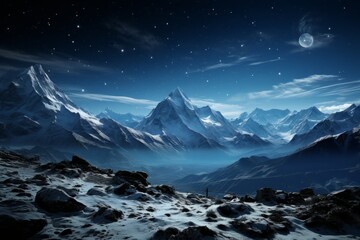 Snowcovered mountain range under full moon in night sky - Powered by Adobe