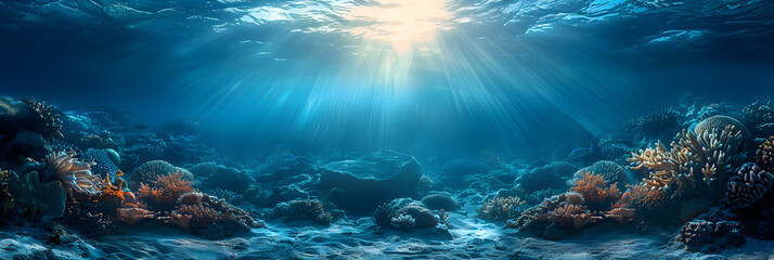 Fototapeta na wymiar Deep blue ocean floor with reefs. Empty ocean bo, Underwater world with fish and corals 
