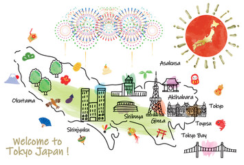東京の観光地かわいいイラストマップ手描き線画