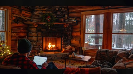 A person working from a cozy cabin in the woods with a laptop and fireplace, 