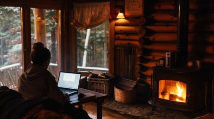 Obraz na płótnie Canvas A person working from a cozy cabin in the woods with a laptop and fireplace, 