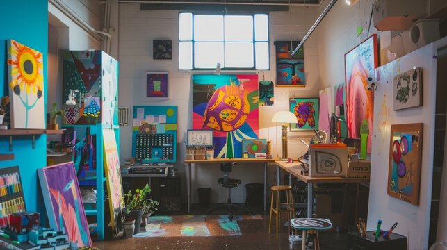 A creative studio space with colorful artwork and inspirational quotes,