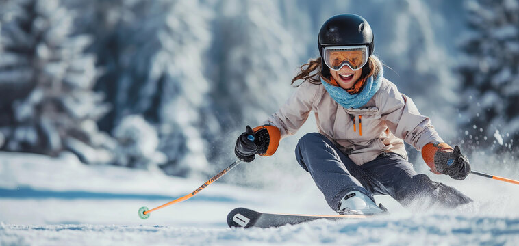 Young skier on the ski resort, lovely girl with long hair having fun in the snow, skiing and enjoying her vacation,  laughing as she speeds down the mountain slope, great sports outdoor activity