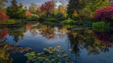 A tranquil springtime pond with lily pads and peaceful reflections,