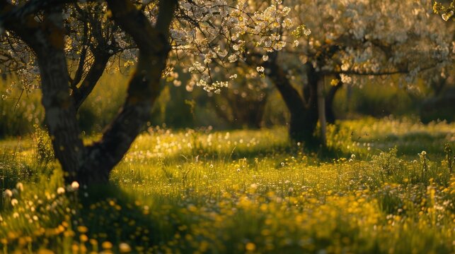 A tranquil springtime orchard with blossoming fruit trees and buzzing bees