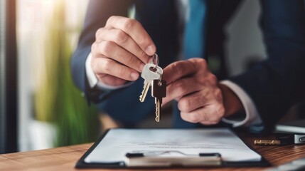 real estate, housing and people concept - close up of male hands holding house keys and folder - obrazy, fototapety, plakaty