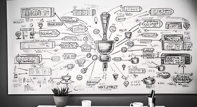 Marketing sketch business plan strategy black and white board pen drawing