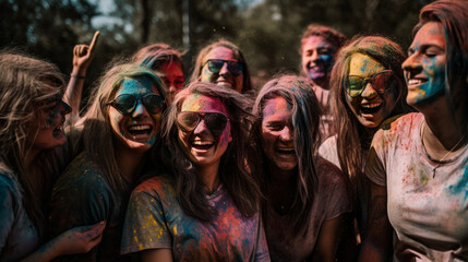 Friends celebrate joyously, throwing colorful powders on each other in a festive atmosphere. - obrazy, fototapety, plakaty