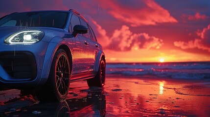 Blue luxury SUV car parked on concrete road by sea beach with beautiful red sunset sky. Summer vacation at tropical beach. Road trip. Front view sports and modern design SUV car. Summer travel by car - obrazy, fototapety, plakaty
