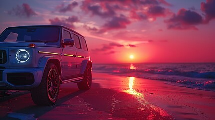 Blue luxury SUV car parked on concrete road by sea beach with beautiful red sunset sky. Summer vacation at tropical beach. Road trip. Front view sports and modern design SUV car. Summer travel by car - obrazy, fototapety, plakaty