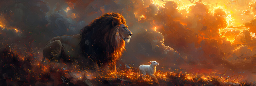  Vibrant sunset featuring a large lion and white birds ,
Lion and fire illustration design
