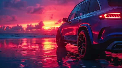 Papier Peint photo Coucher de soleil sur la plage Blue luxury SUV car parked on concrete road by sea beach with beautiful red sunset sky. Summer vacation at tropical beach. Road trip. Front view sports and modern design SUV car. Summer travel by car