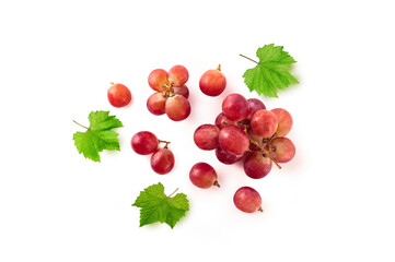 bunch of red grapes with green leaves on white. Top view