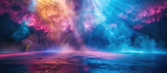 Fototapeta premium Abstract illuminated stage with vibrant rays of light and swirling smoke.