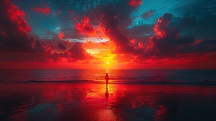 Fototapeta na wymiar Blue luxury SUV car parked on concrete road by sea beach with beautiful red sunset sky. Summer vacation at tropical beach. Road trip. Front view sports and modern design SUV car. Summer travel by car