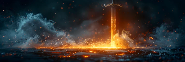 Foto op Plexiglas  A flaming sword stuck in a stone. Flames and smo , Snapshot of sword  © Ajay