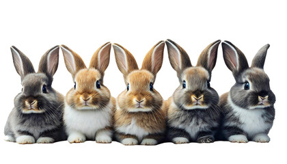 Five cute baby bunny rabbits posing in a row clear background