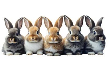 Five cute baby bunny rabbits posing in a row clear background