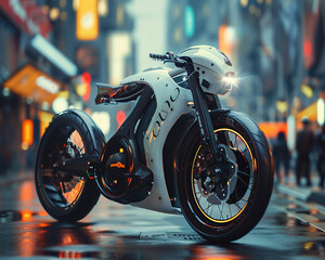Nanotechnology-enhanced electric bicycle, sleek and efficient design, zooming through a crowded futuristic street, Realistic, HDR effect