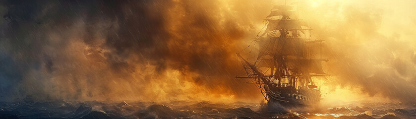 Pirate Ship, Tattered Sails, Mysterious, Sailing through a stormy sea at sunset, Photography, Rembrandt Lighting, Depth of Field Bokeh Effect - obrazy, fototapety, plakaty