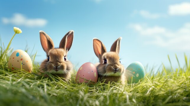 Cute bunnies sitting on the green grass with colorful Easter eggs under clear blue sky on sunny spring day. Easter egg hunt