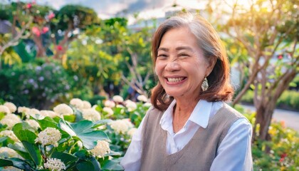Fototapeta premium Radiant with joy, elderly individuals bask in the garden's embrace, embodying the essence of empowerment in their beaming smiles. 