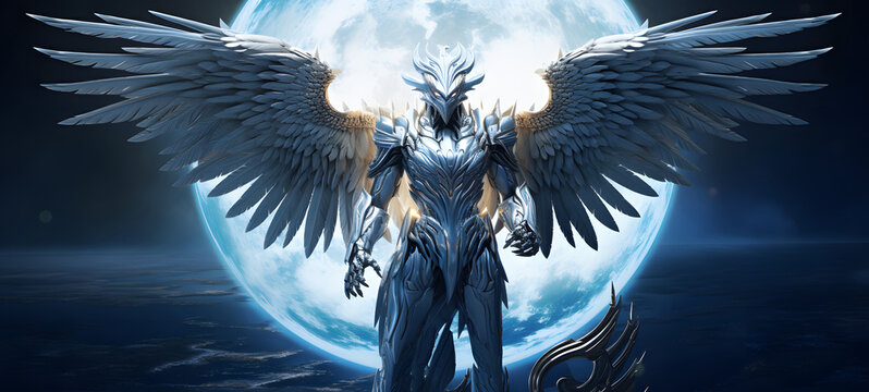 photograph of a white garuda robot adorned in celestial sun and moon, ai generative