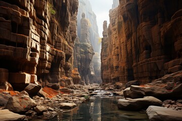 Water flows through canyon between rocky cliffs, shaping natural landscape - obrazy, fototapety, plakaty