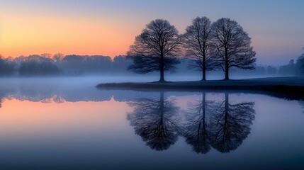 Fototapeta premium Landscape of beautiful trees in winter reflecting in lake with fog.
