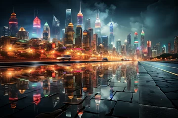 Aluminium Prints Reflection Cityscape reflected in water at night, showcasing skyscraper art in a metropolis