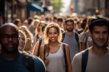 Crowd of people walking city street smiling happy