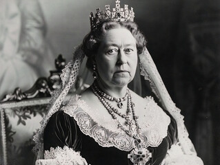 Queen Victoria, ruler of the British Empire, depicted in a black and white historical photograph. - Powered by Adobe