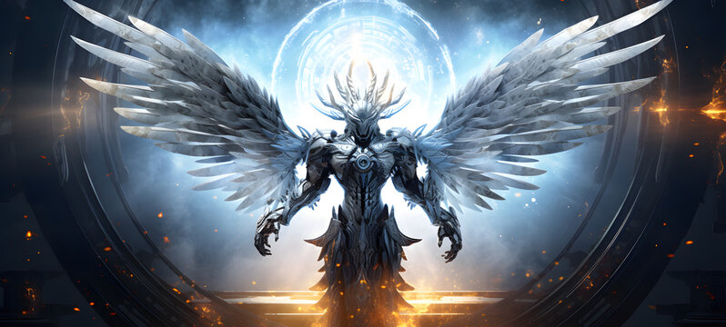 photograph of a white garuda robot adorned in celestial sun and moon, ai generative