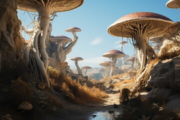 Mushrooms thriving on rocky hillside by stream, blending with natural landscape - obrazy, fototapety, plakaty