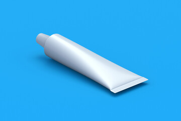 Tube for toothpaste on blue background. Acrylic paint. Skincare cream. Medical ointment. Metal pack for glue. Cosmetic gel. Beauty oil bottle. 3d render