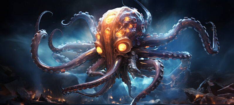 photograph of a white octopus robot adorned in celestial sun and moon, ai generative