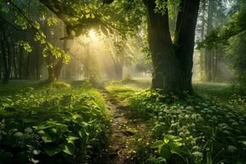 Sunlit forest pathway with lush greenery and vibrant sunlight streaming through the trees, evoking a serene and inviting atmosphere; Concept of nature, tranquility, and exploration
