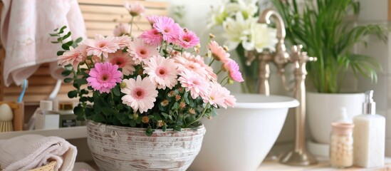Fototapeta na wymiar Bathroom Decorated with Fresh Flowers