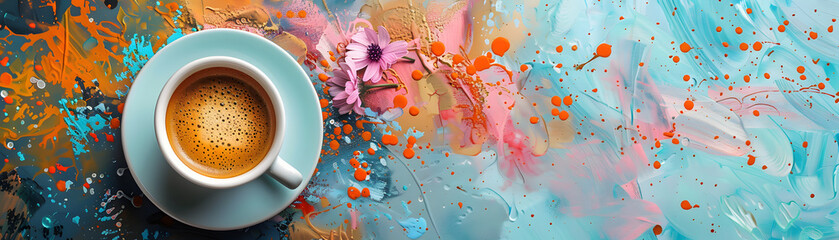 A top view of an espresso cup on a colorful abstract painted canvas, complemented by delicate pink flowers adding a touch of nature. - obrazy, fototapety, plakaty